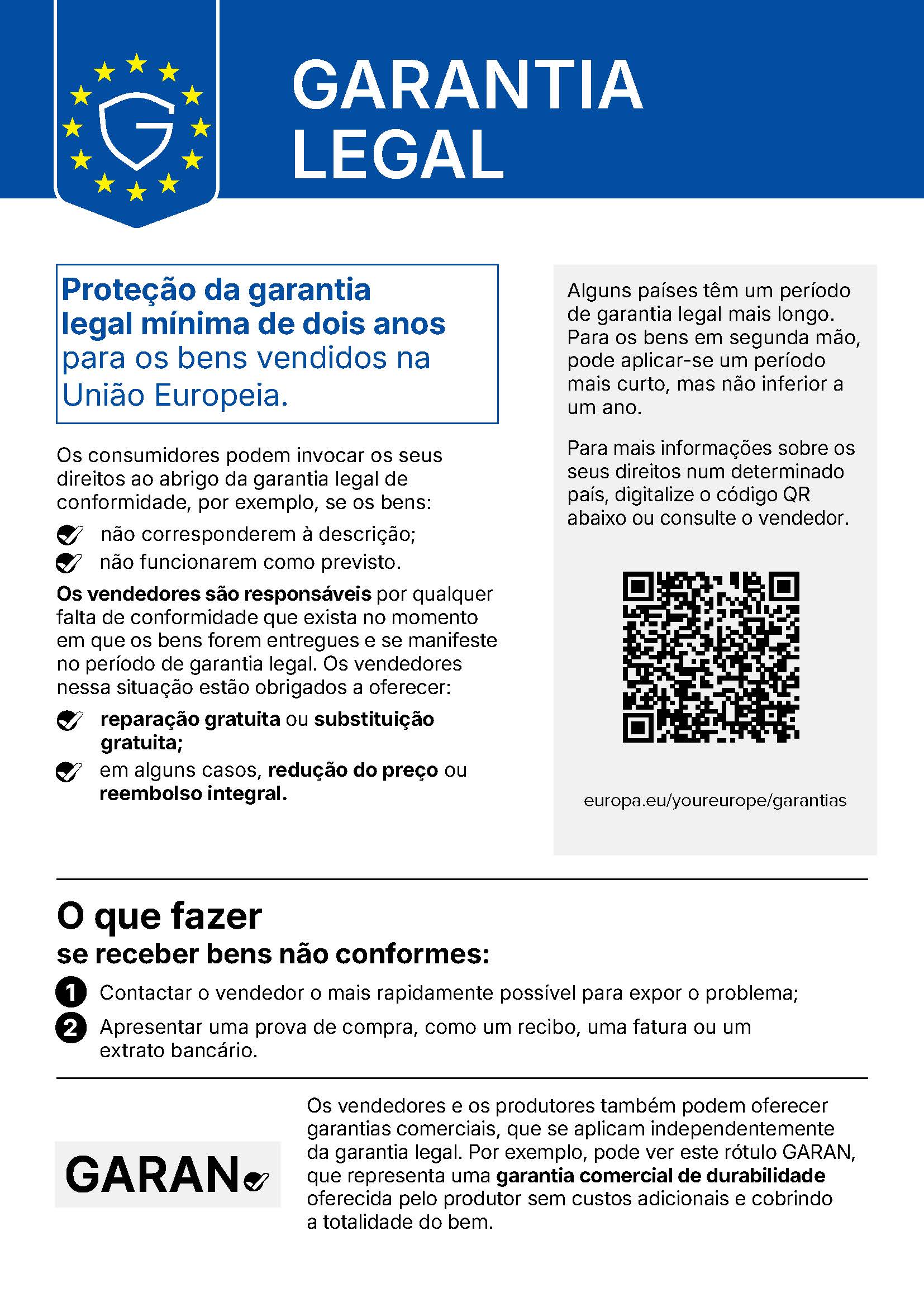 Aviso harmonizado sobre a garantia legal de conformidade da União Europeia